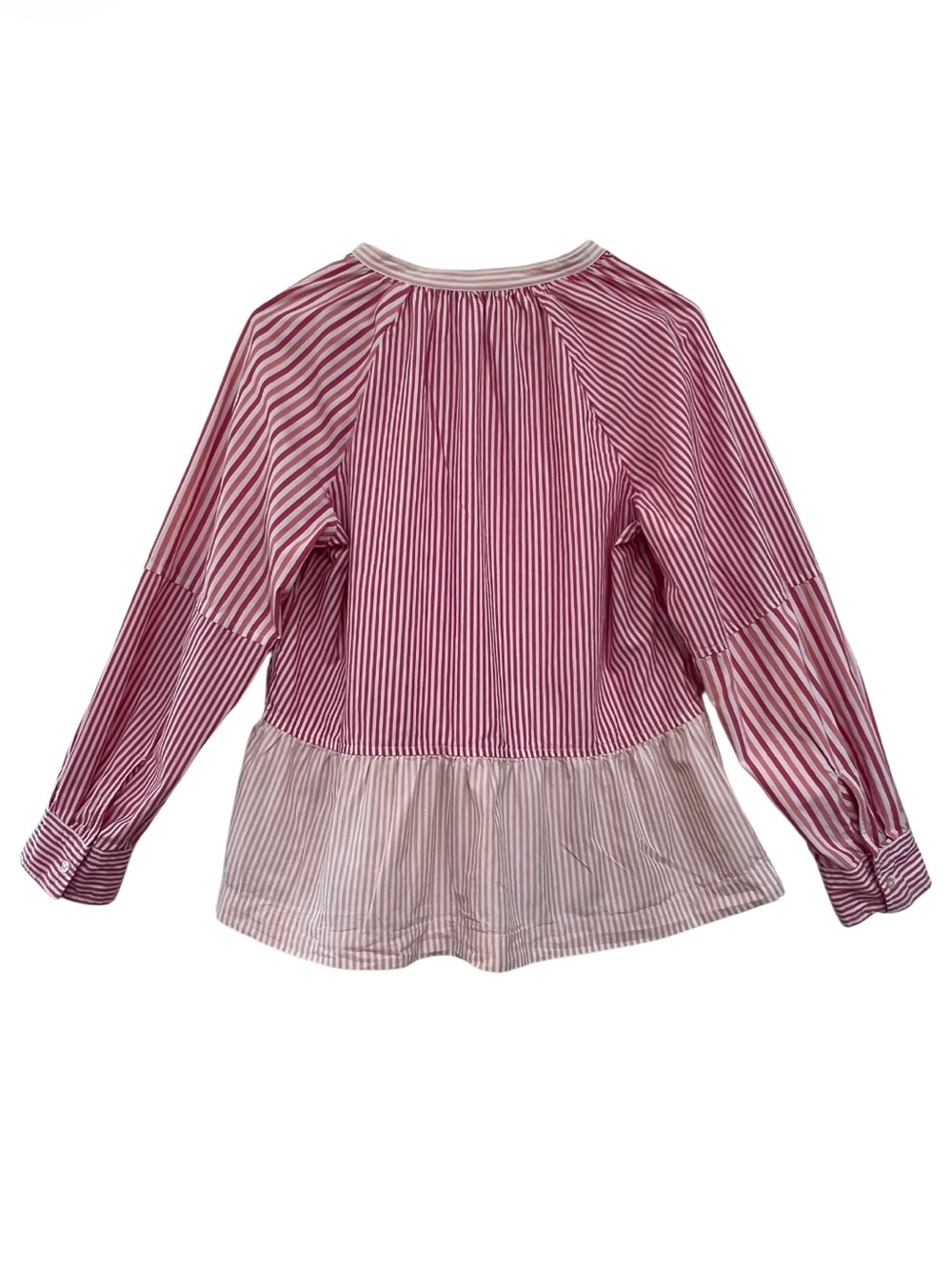Striped Peplum Button Cuff Blouse - Pink & White - Picture 5 of 9